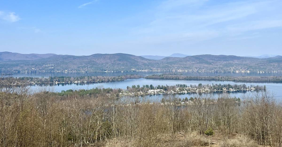 view of lake from mountain summit