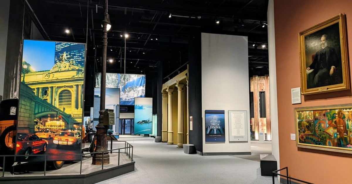 exhibits in a museum with pictures on the wall