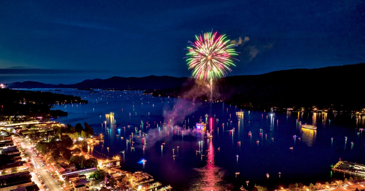 birds-eye view of lake george village fireworks