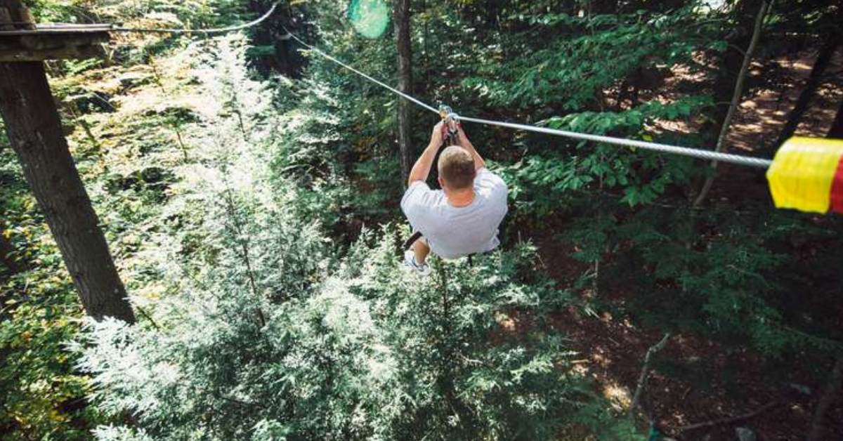 guy riding zipline through trees