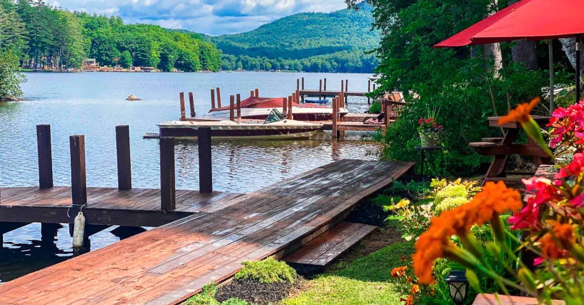 docks, lake, mountains