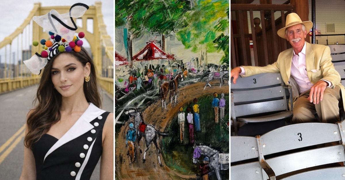 collage of woman dressed in fancy hat, middle image of horse racetrack painting, and right image of Greg Montgomery