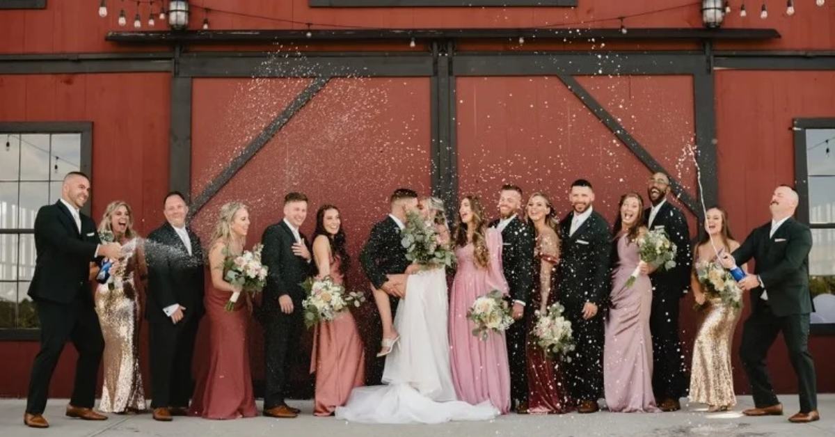 wedding guests outside of country meadows barn
