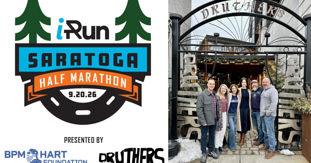 left image of iRun Saratoga Half Marathon logo; right image of people in front of Druthers