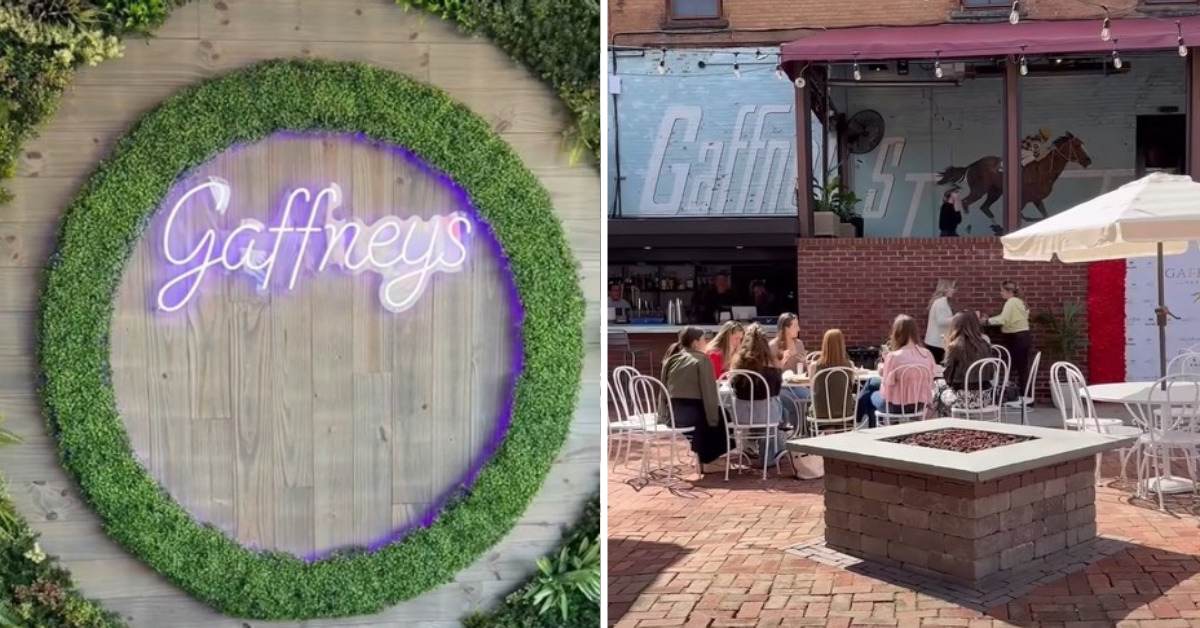 Gaffney's sign on the left; patio on the right