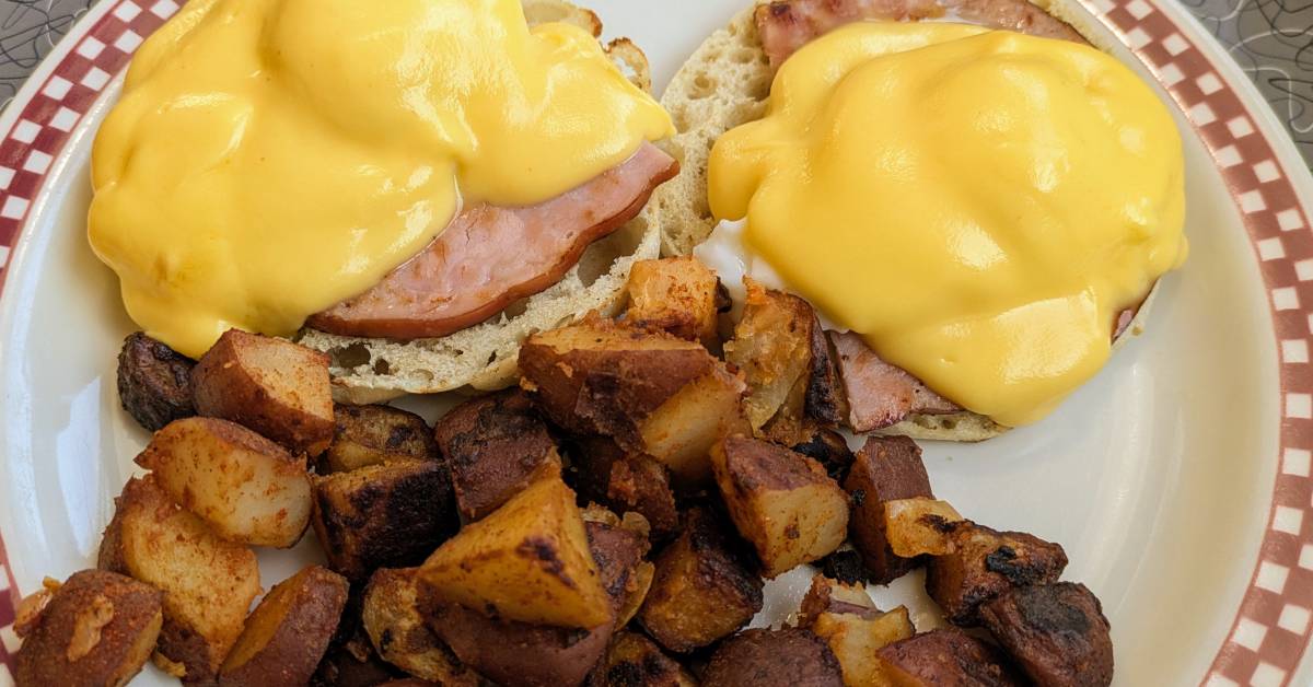 eggs benedict and home fries
