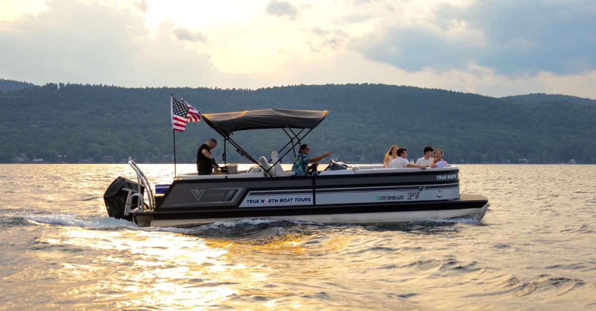 people on a boat tour in the late afternoon
