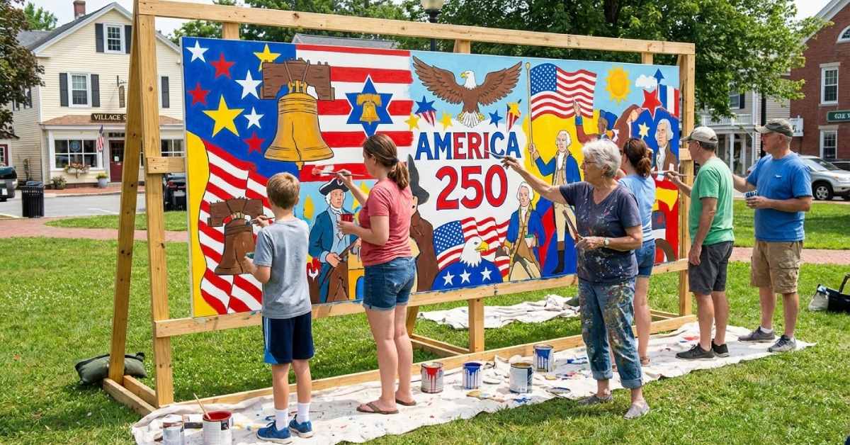 a group of people painting an America 250 mural
