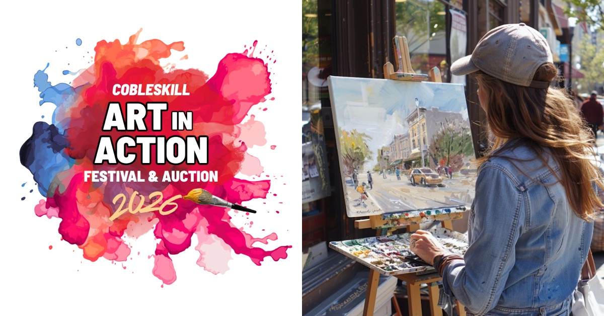 art in action festival logo on the left; a female artist painting outdoors on the right