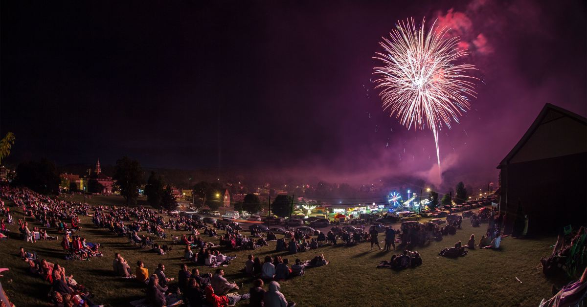 crowd watching fireworks in a park