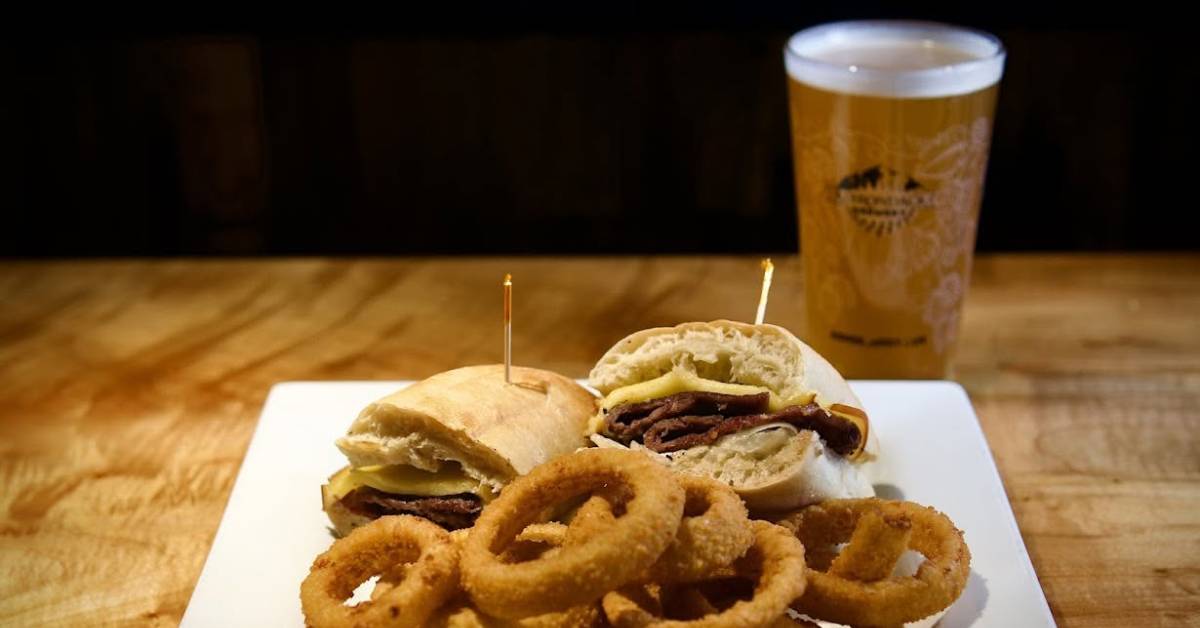sandwich, onion rings, beer