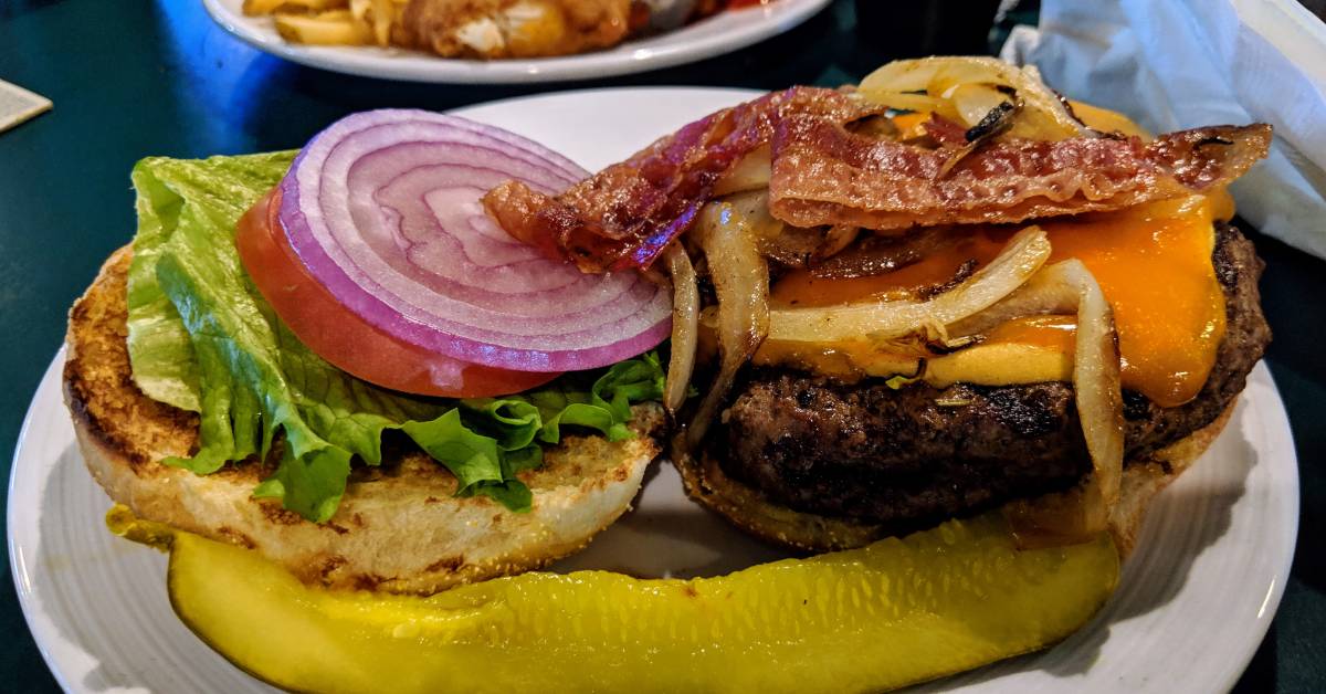 burger with bacon and caramelized onions