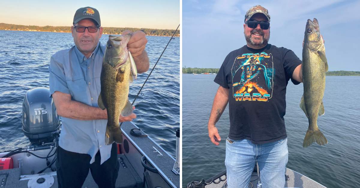two photos of men holding up fish on a boat