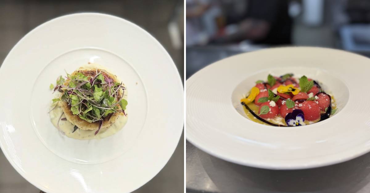 crab cake on the left, watermelon salad on the right