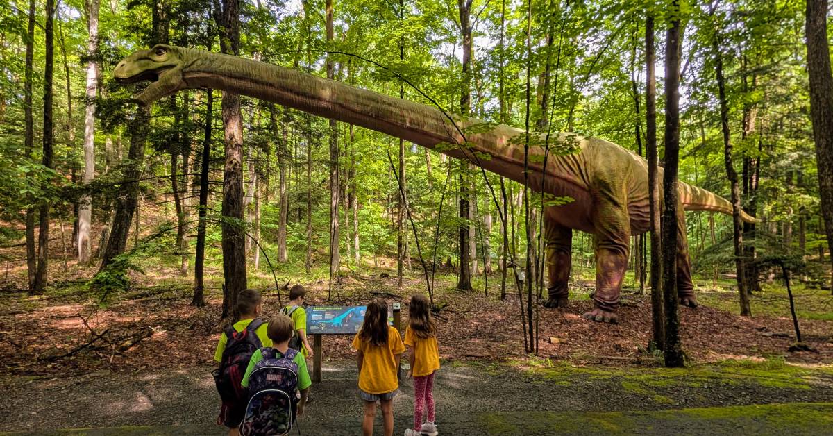 kids look at dinosaur