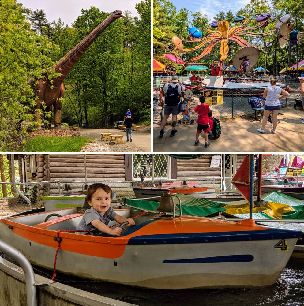 collage with dino walk, paratrooper ride, and small boat ride at lake george expediton park