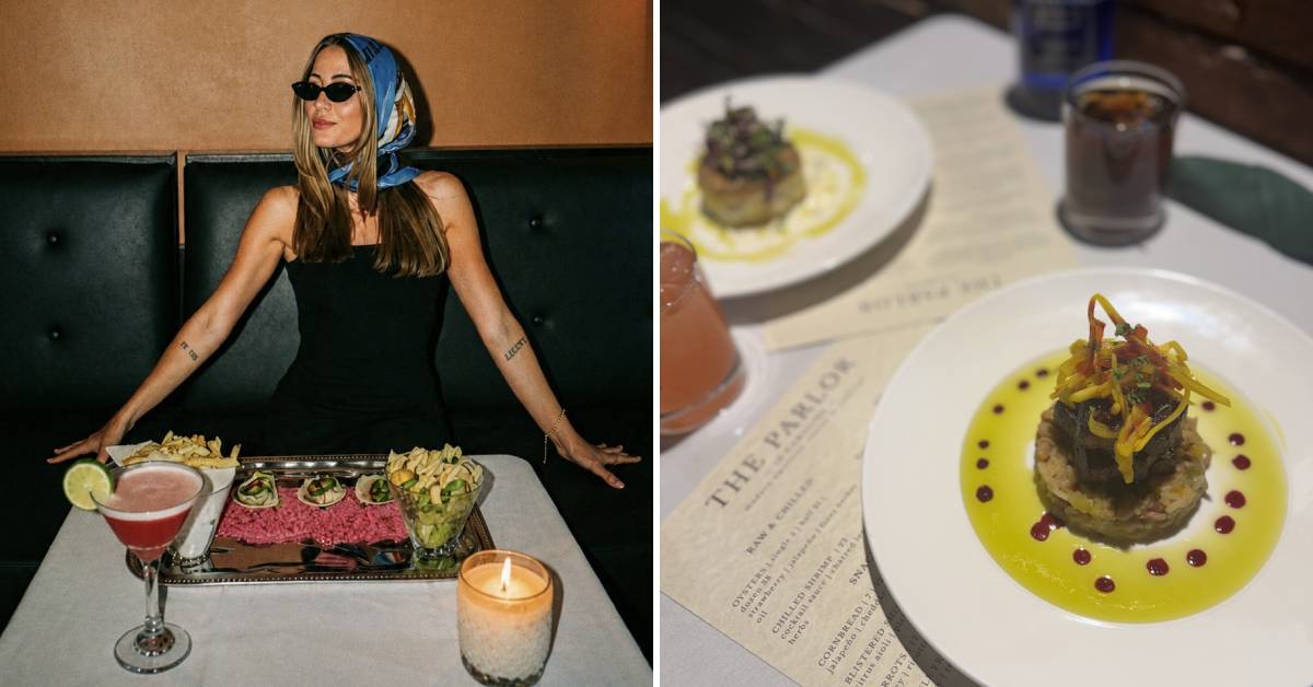 on the left woman looking glamorous with her food spread, on right food with the parlor menu