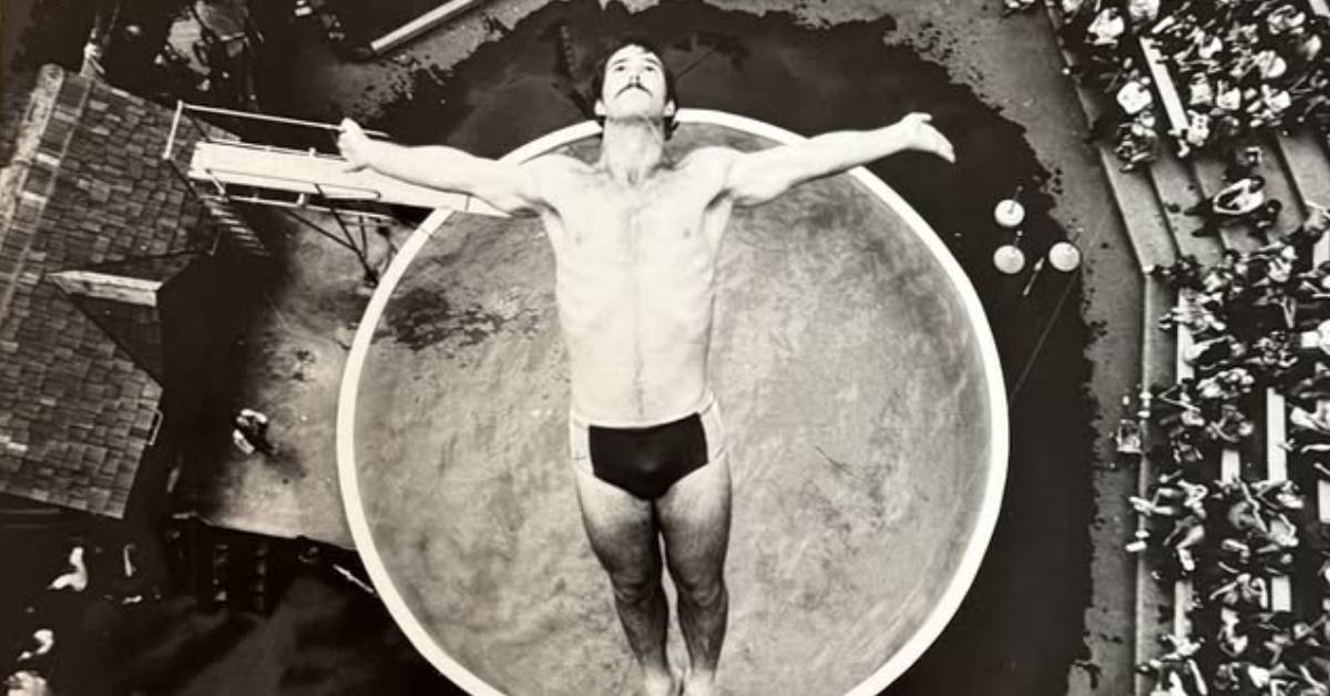 black and white image of high dive show