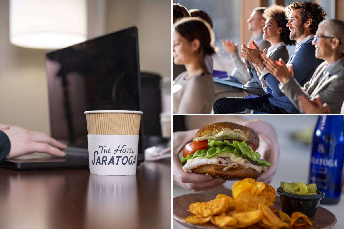 collage with person typing at laptop with the hotel saratoga coffee, people clapping in a business meeting, and hands holding a delicious sandwich