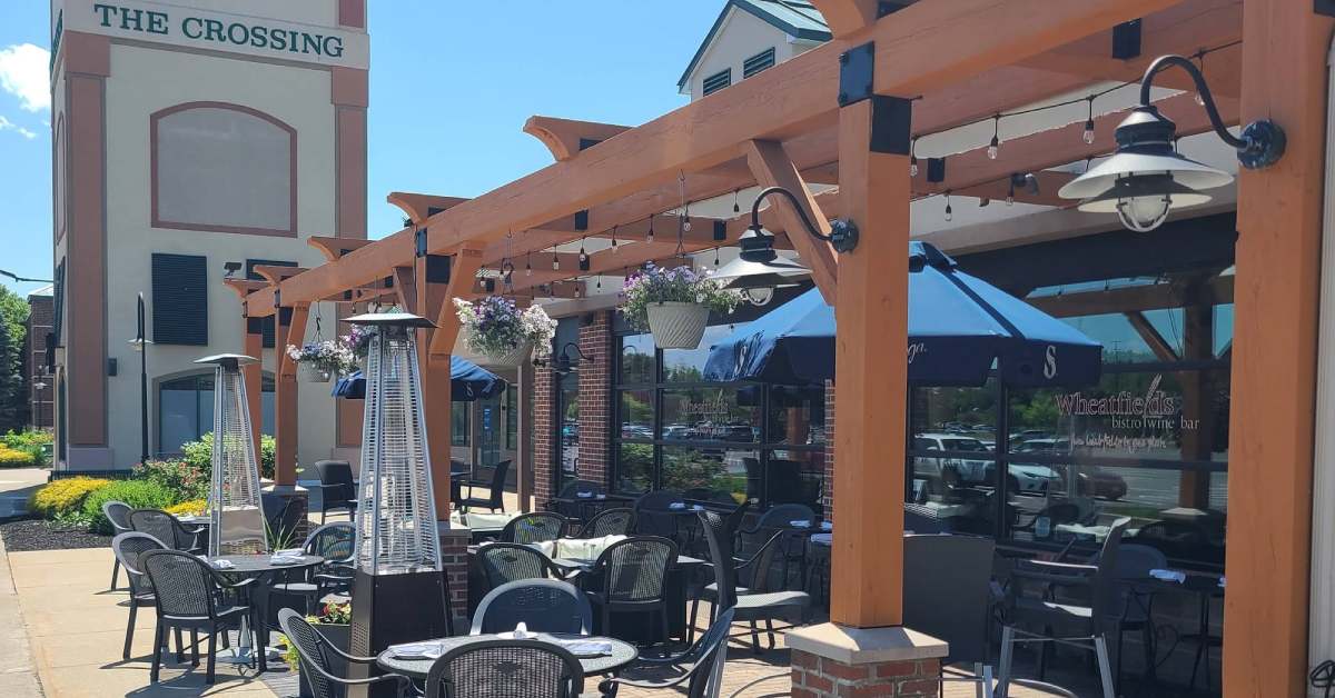 The Crossing tower and Wheatfields restaurant patio