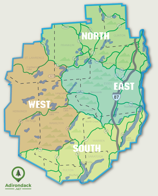 Adirondack Map with North, East, South, and West labels