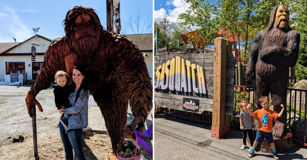 woman and son with bigfoot statue on left, two little kids with bigfoot statue on right