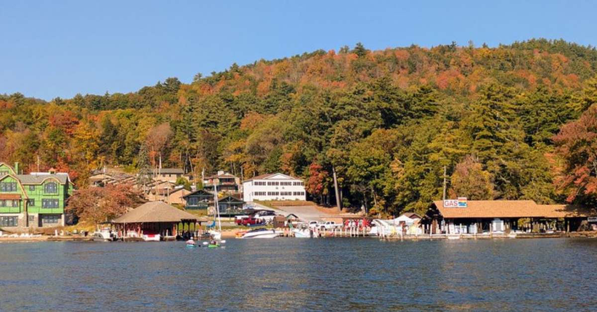 mountains with fall colors from a boat