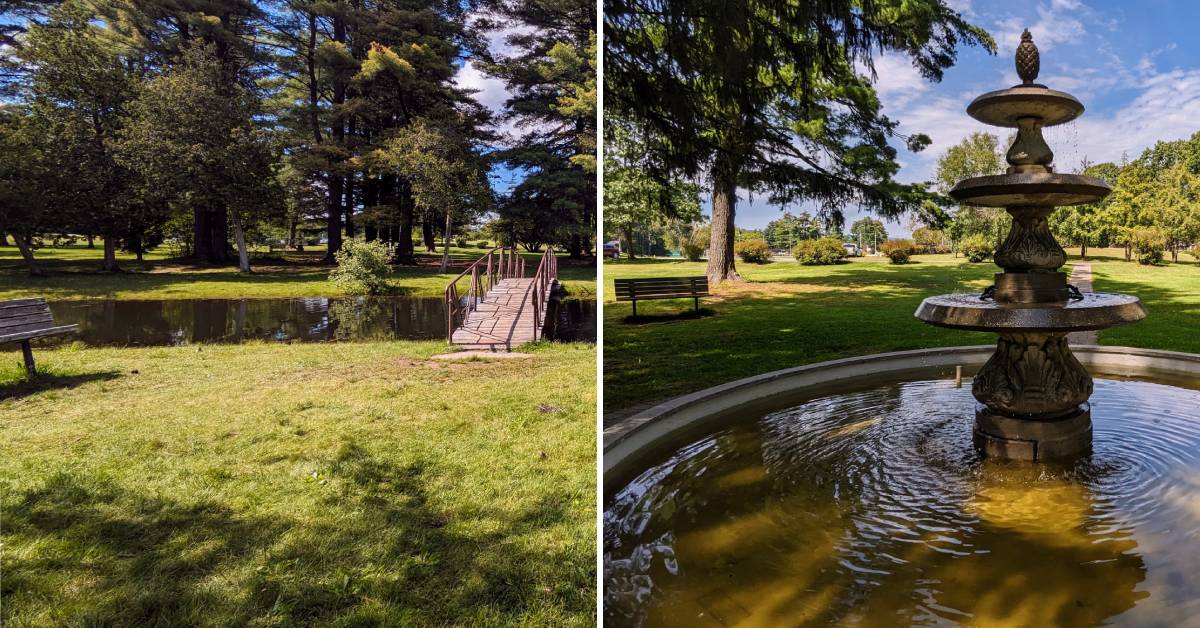 crandall park benches, pond, fountain