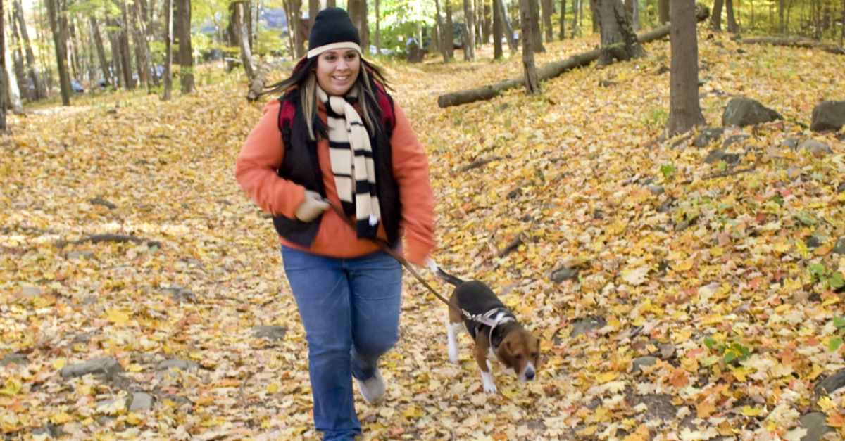 a woman hiking in the woods with a beagle