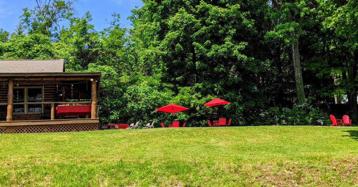 exterior of the book cabin with outdoor seating