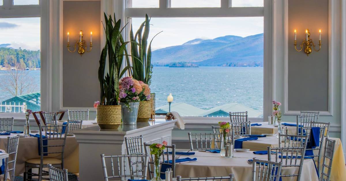 dining area with view of lake