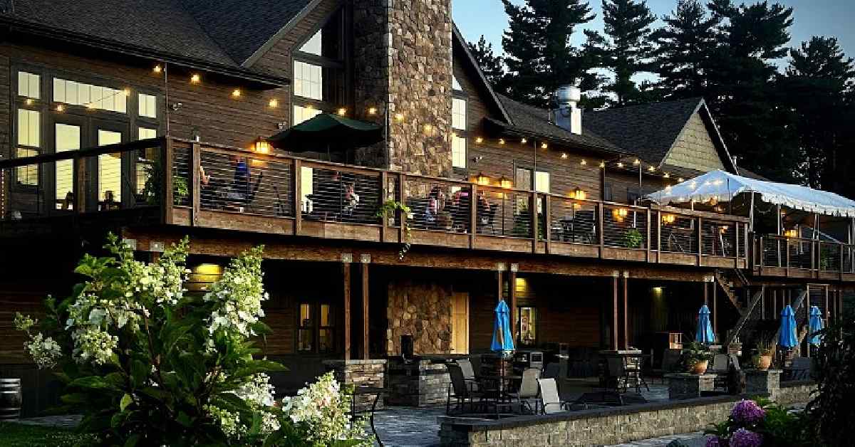 exterior of a restaurant with blue umbrellas