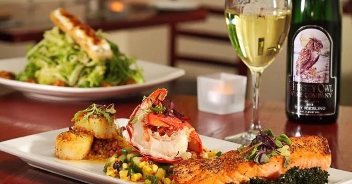 two plates of food and wine