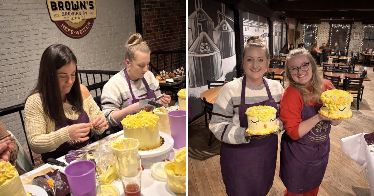 people decorating cakes, and the finished cakes