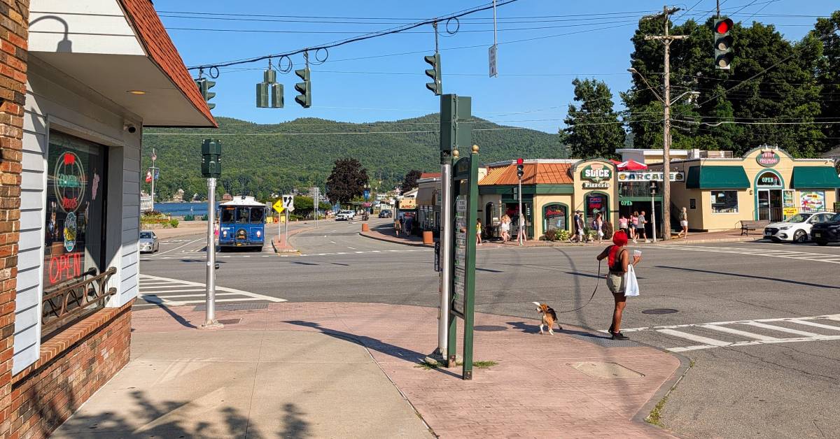 trolley in lake george village coming off beach road