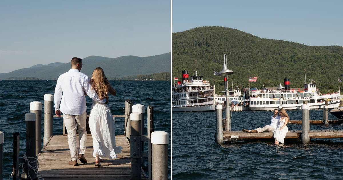 A two-panel photo of a couple in white outfits walking down and sitting at the end of a wooden lake dock, with mountains and steamboats in the background.