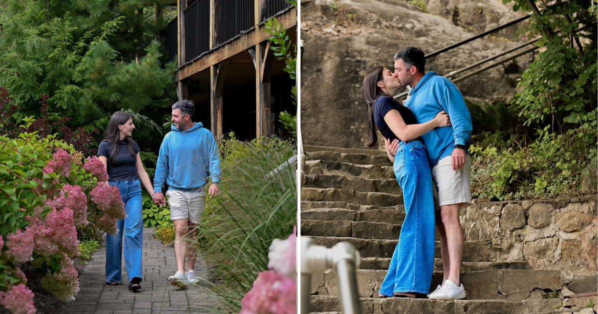 A two-panel photo showing a couple holding hands on a stone garden path lined with pink flowers on the left, and kissing on outdoor stone stairs surrounded by greenery on the right.