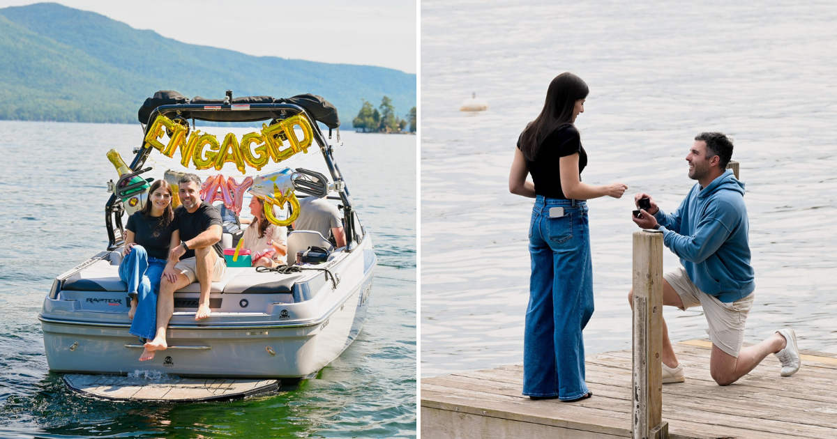 A two-panel photo showing a couple celebrating on a motorboat decorated with gold 