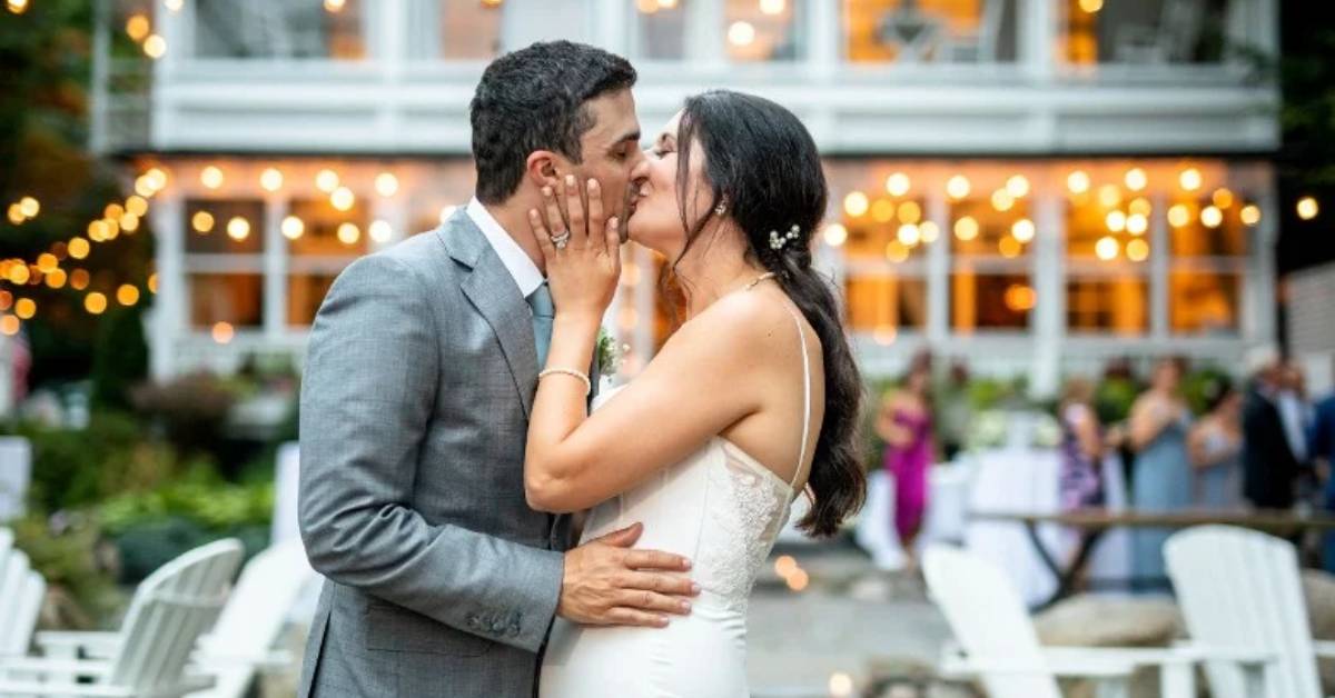 bride and groom kiss