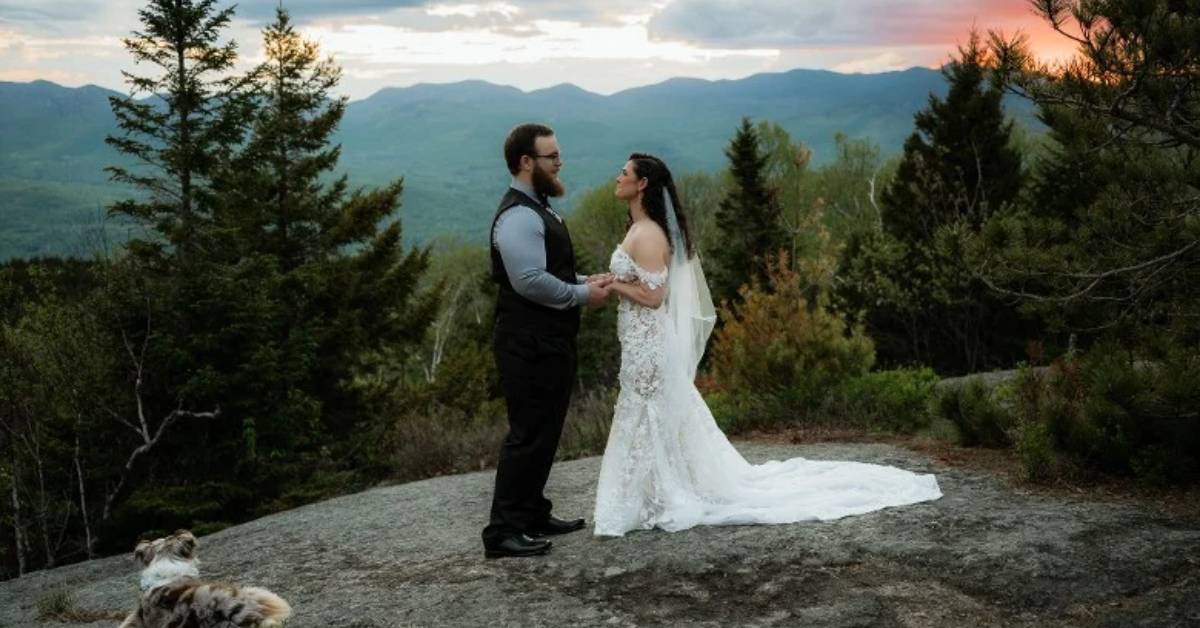 bride and groom at mountain summit