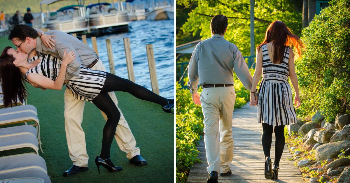 split image with couple kidding on dock and walking on wooded path