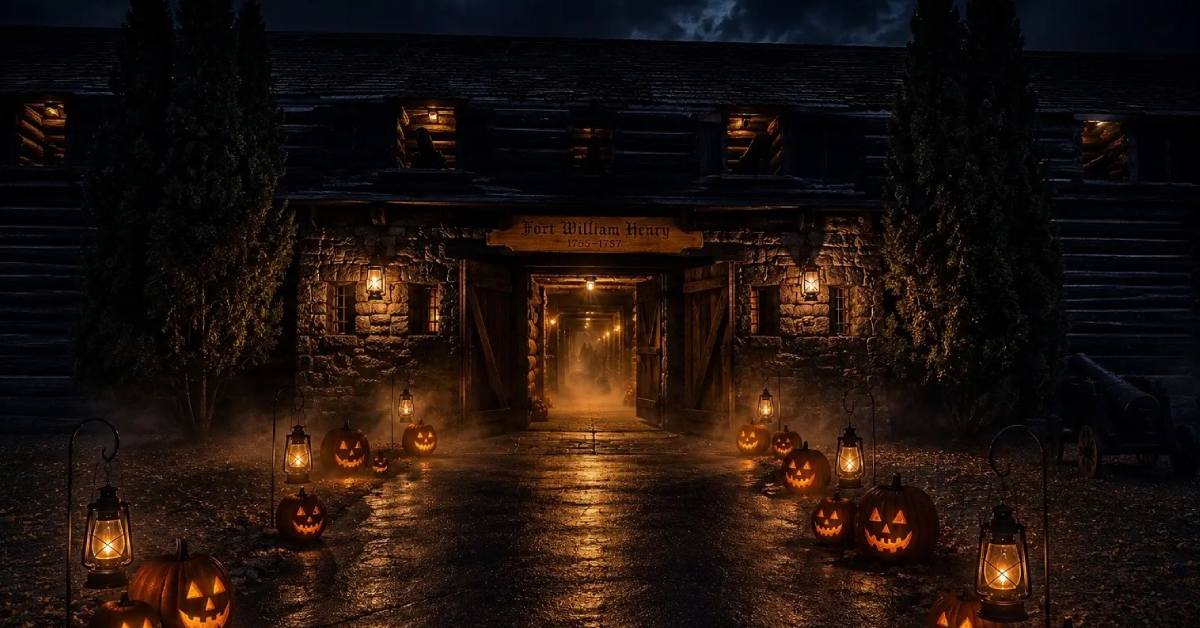rendering of Fort William Henry entrance with Halloween and jack of lanterns theme