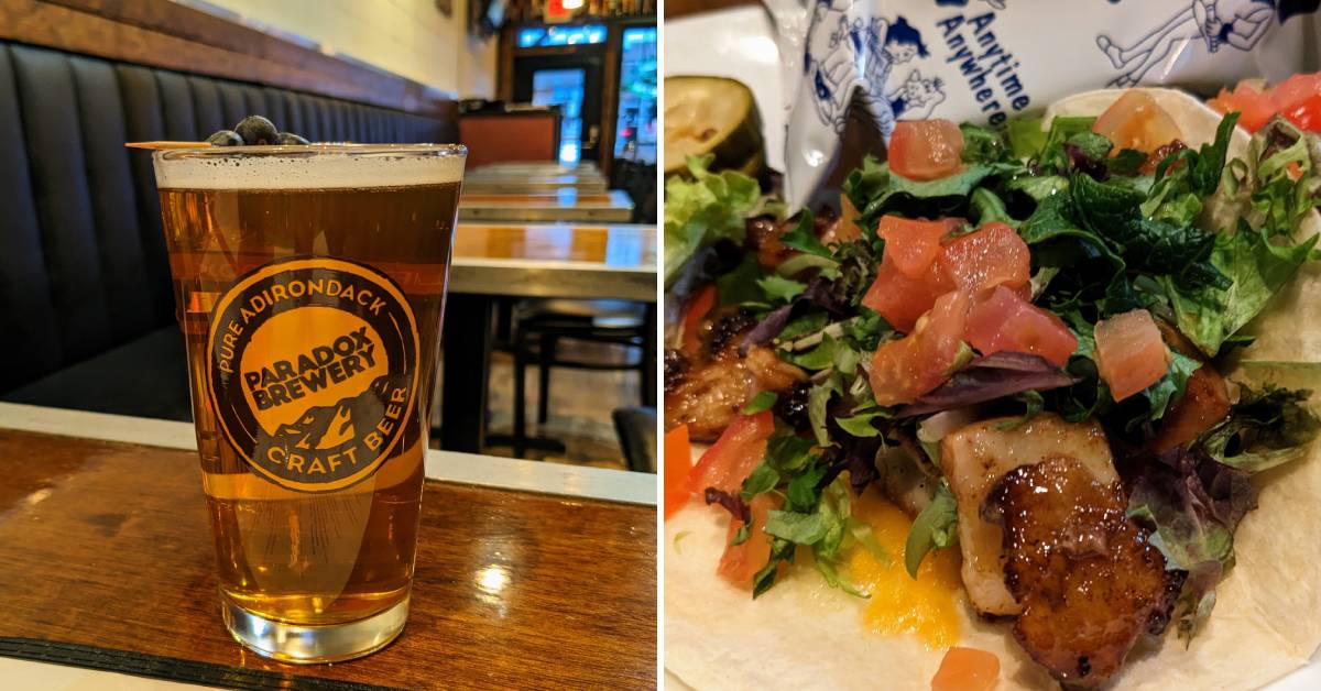 left image of beer glass; right image of tacos