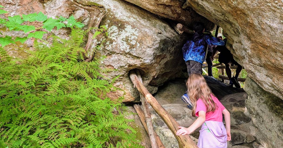 kids going up stairs into a boulder