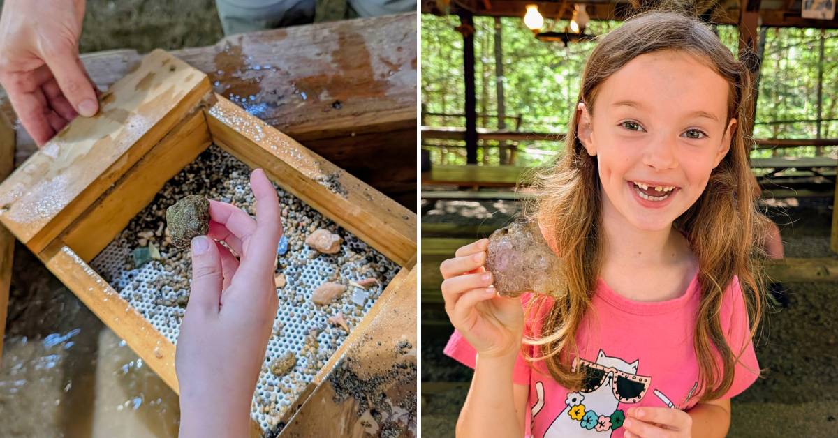 gem mining, girl holding up large crystal