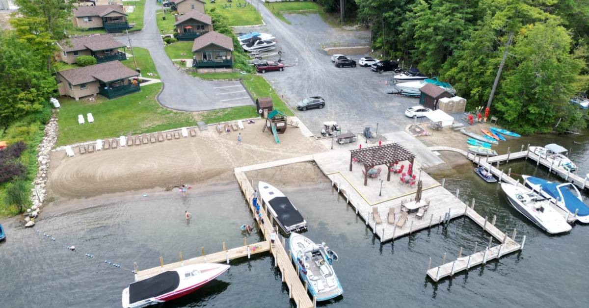 aerial view of resort with docks