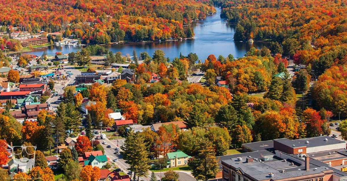 aerial view of Old Forge with fall colors on the trees