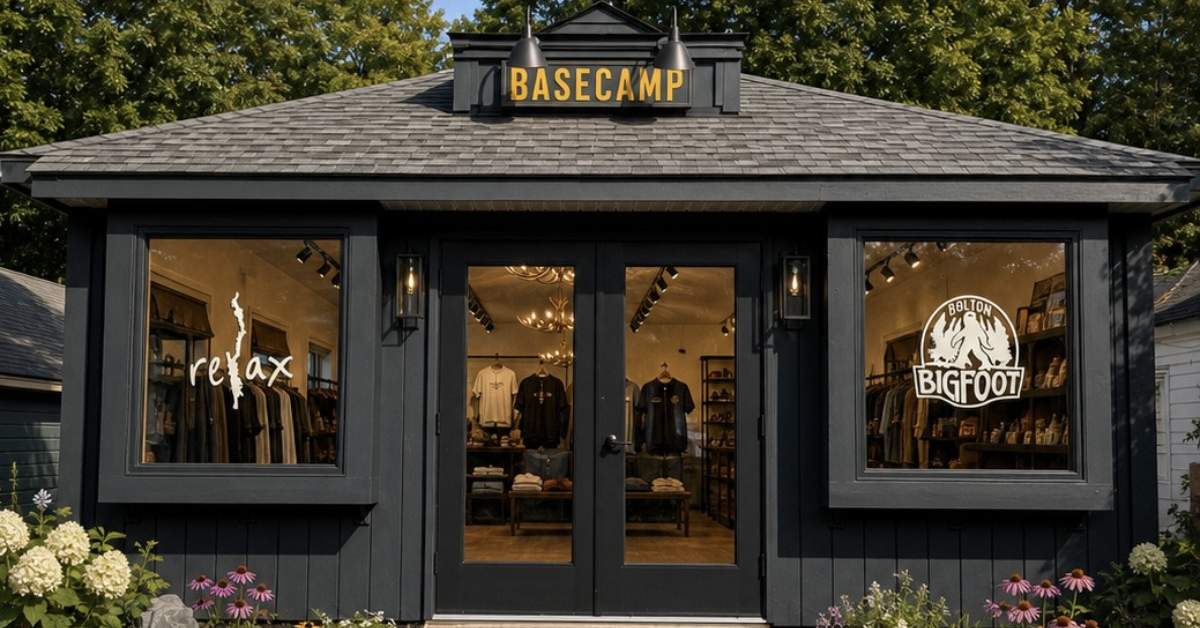 Exterior of the Basecamp storefront in Bolton Landing with RELAX and Bolton Bigfoot window displays