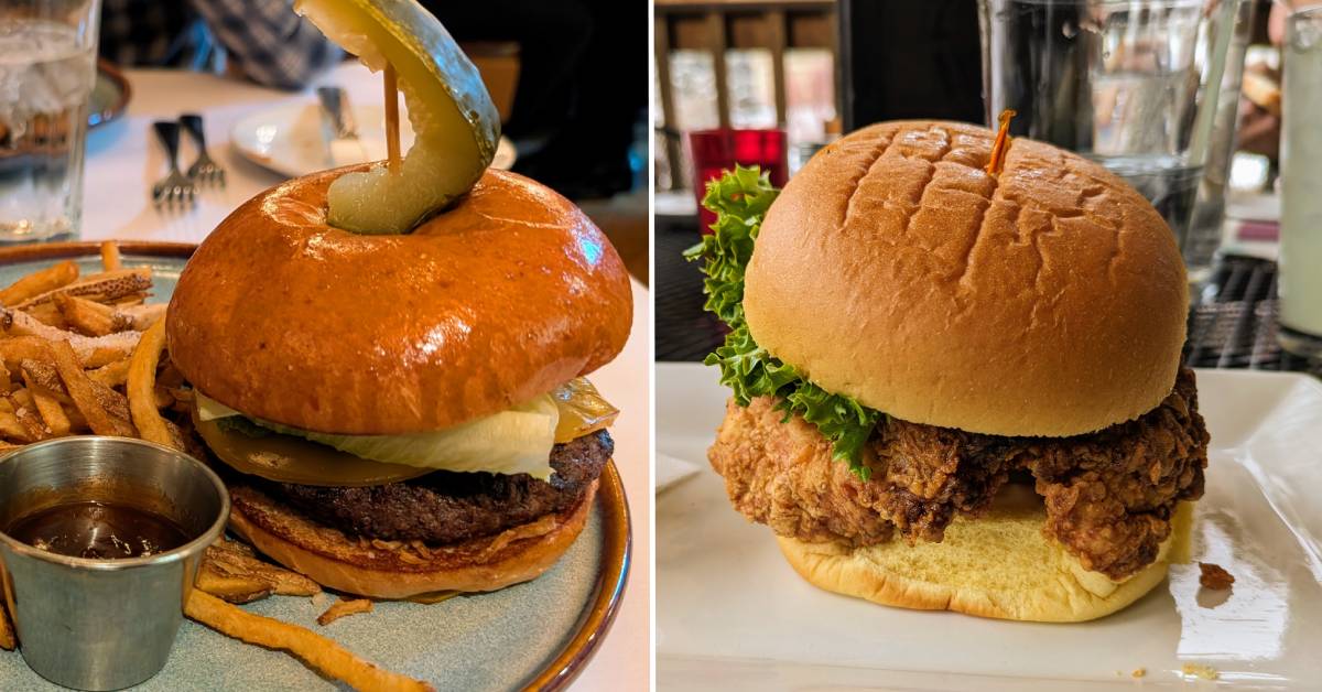 burger on left, fried chicken sandwich on right