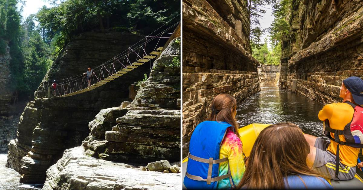 people on walkway at ausable chasm on the left, and in raft on the right